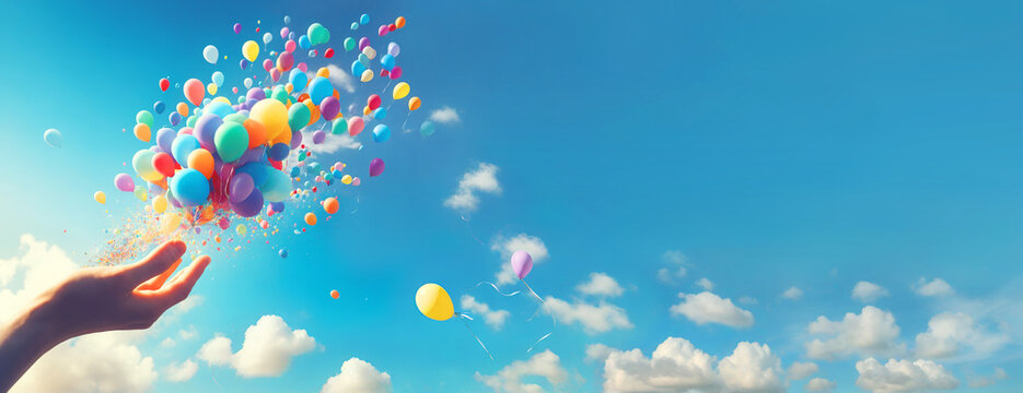 Endless Possibilities: A Hand Releasing Colorful Balloons to the Sky