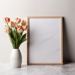 Minimalist Mockup: Empty Wooden Frame on a Marble Table, Set Against a Light-Colored Wall, Alongside a White Vase with Tulips. Perfect for Design Projects
