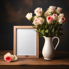Minimalist Mockup: Empty Wooden Frame on a Rustic Wooden Table, Accompanied by a White Vase Holding Delicate Roses. Perfect for Design Projects