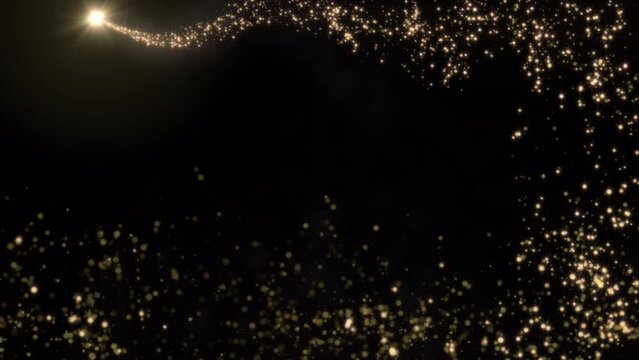 Loop animation of a luminous Christmas shooting star with a tail of golden particles on a transparent background. Quicktime Prores 4444 codec with alpha channel.