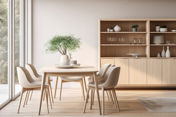 Fototapeta na wymiar Modern Scandinavian Dining Room Interior Design with Cupboard