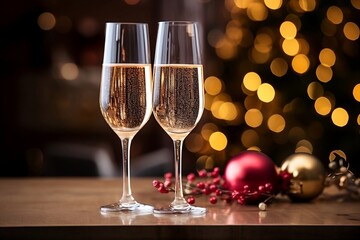 Champagne Flutes and Red and Gold Ornamemts on a Bokeh Lights Background
