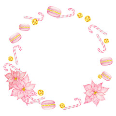 Pink poinsettia, New Year's striped candy canes, macarons. Watercolor hand drawn wreath with Christmas star. Winter symbol for holiday season prints, greeting cards, packing, invitations, posters