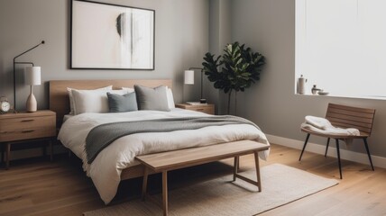 Bedroom decor, home interior design . Scandinavian Minimalist style with Statement Lighting decorated with Wood and Leather material . Generative AI AIG26.