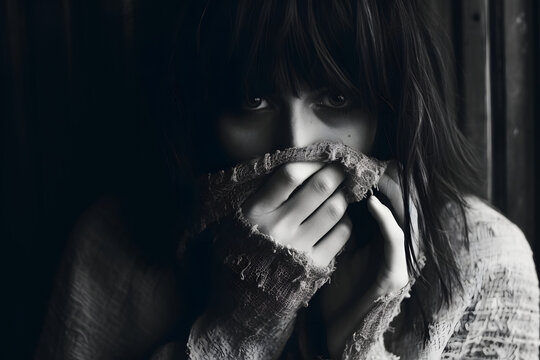 fearful depressed woman in darkness subjected to abuse, injustice or domestic violence. Close up black and white portrait of a powerless woman in grief.