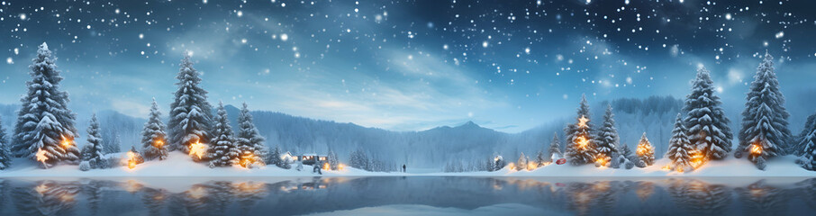 Winter christmas graphic for banner or christmas card. Winter scenery and mood, blue and white colors, snow falling.