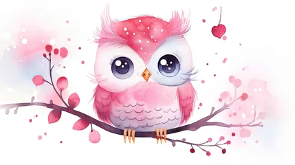 Rolgordijnen  watercolor style illustration of happy baby owl in autumn forest garden, idea for home wall decor, kid room, Generative Ai © QuietWord