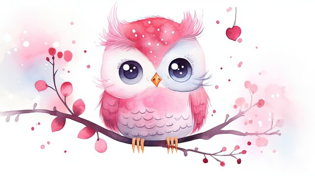  watercolor style illustration of happy baby owl in autumn forest garden, idea for home wall decor, kid room, Generative Ai
