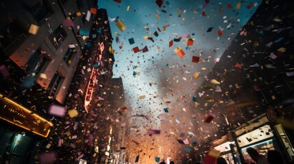Multicolored confetti in the air on the street