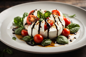 A refreshing Caprese salad with ripe tomatoes, mozzarella cheese, basil leaves, drizzled with balsamic glaze and olive oil, served on a white plate