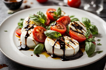 A refreshing Caprese salad with ripe tomatoes, mozzarella cheese, basil leaves, drizzled with balsamic glaze and olive oil, served on a white plate