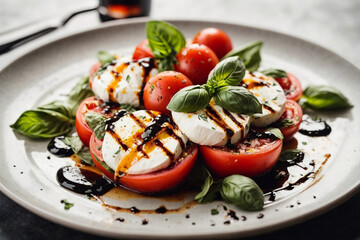 A refreshing Caprese salad with ripe tomatoes, mozzarella cheese, basil leaves, drizzled with balsamic glaze and olive oil, served on a white plate - obrazy, fototapety, plakaty