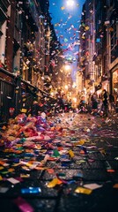 Multicolored confetti in the air on the street