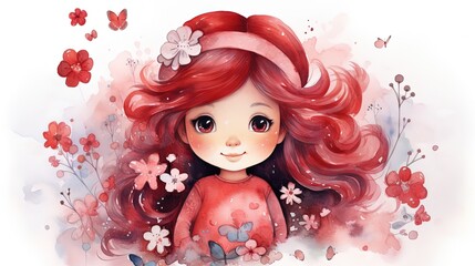 watercolor cartoon style illustration of young girl in flower blossom garden, whimsical fantasy atmosphere,  Generative Ai