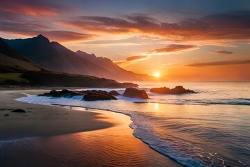 Fototapeta premium An aerial beautiful shot of a seashore with hills on the background at sunset - AI Generative