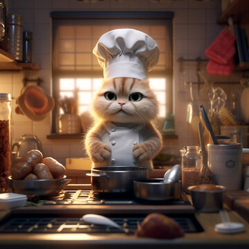 cat in a chef's uniform in a kitchen, image created with artificial intelligence