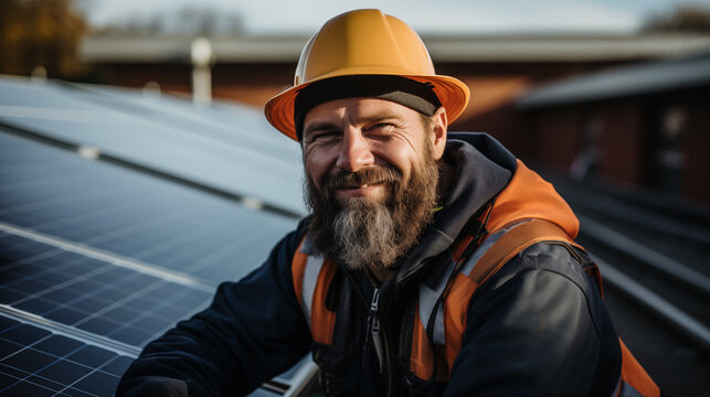 L&auml;chelnder Solartechniker mit Schutzhelm und einer Sicherheitsweste auf dem Dach bei der Arbeit an Photovoltaikanlagen, Solarpaneele