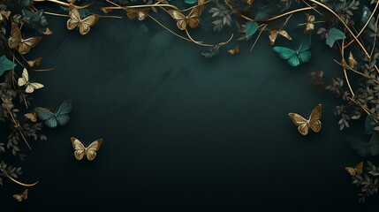 3d illustration, dark green grunge background, golden contours of trees and leaves on branches, large beige butterflies