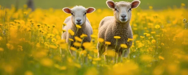 Foto op Canvas Two sheep in the meadow full of yellow flowers. Space for description. generative ai © Michal