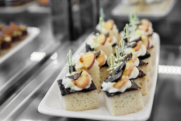 Cakes on a showcase in a restaurant