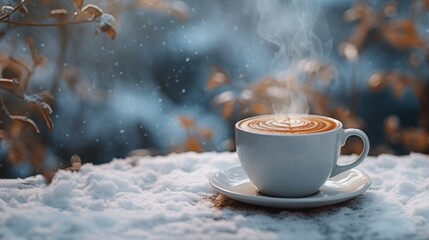 A cup of coffee sitting on top of a snow covered ground