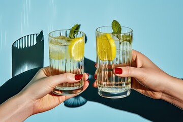 two friends toasting with lemonade on a sunny day on a light blue background, social concept