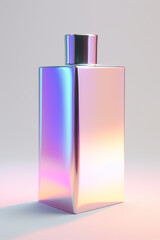 3d holographic abstract perfume bottle, pearlescent packaging render, iridescent crystal falcon or flask with holographic purple color texture., 3d render mock-up isolated on white background