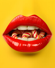 lips isolated with candies inside,vibrant colors,minimal composition,summer concept