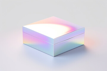 3d holographic abstract cube, pearlescent rectangle box, packaging render, iridescent crystal block with holographic purple color texture., 3d render mock-up isolated on white background