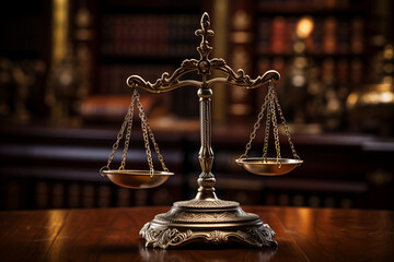 Law and justice concept. Scales of justice on wooden table.