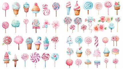 watercolor style illustration of cute cartoon lollipop candy collection set, Generative Ai