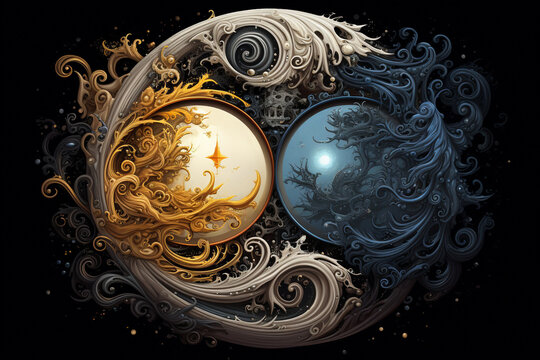 Culture and religion, states of mind concept. Abstract and surreal colorful Yin Yang symbol or sign illustration background