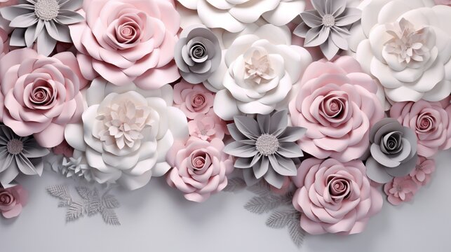 3d illustration, gray spotted background, gray, pink and beige spray roses