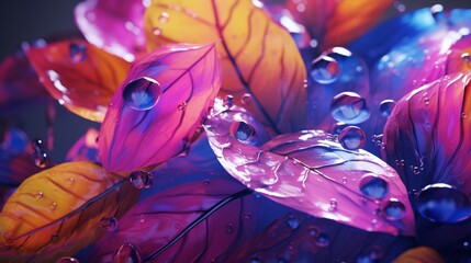 3d illustration, large colorful leaves and transparent drops of water