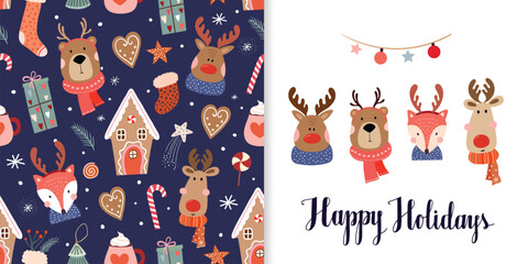 Christmas set with seamless pattern, wallpaper, background and greeting card, cute animals wearing reindeer horns, seasonal design, vector