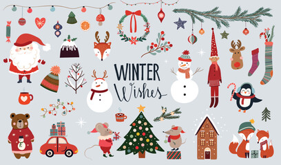 Winter wishes elements collection with seasonal design, Santa Claus, snowman, Christmas tree, cute animals and decorations - obrazy, fototapety, plakaty