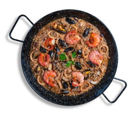 Top view of a seafood paella isolated from transparent background