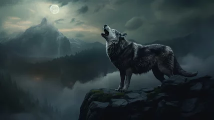 Fototapeten lone wolf howling on a rocky hilltop, copy space, 16:9 © Christian