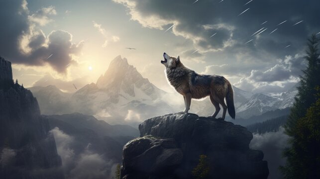 lone wolf howling on a rocky hilltop, copy space, 16:9