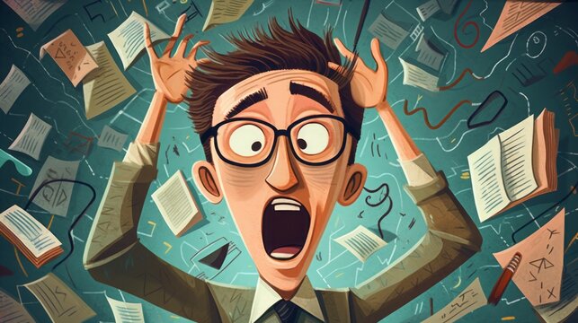 illustration of a teacher that is stressed, copy space, 16:9
