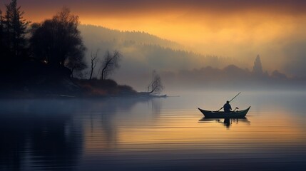 small fishing boat on a misty lake at twilight, with a lone fisherman, concept: calm down. copy space, 16:9 - obrazy, fototapety, plakaty