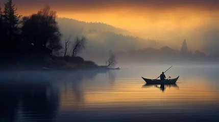 Foto op Canvas small fishing boat on a misty lake at twilight, with a lone fisherman, concept: calm down. copy space, 16:9 © Christian