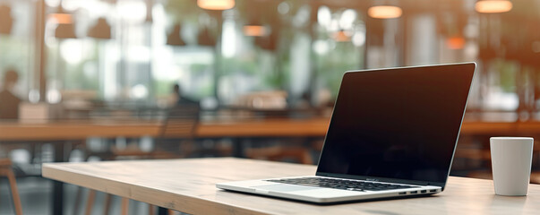Front view of laptop with screen. Modern architecture in the background. generative ai