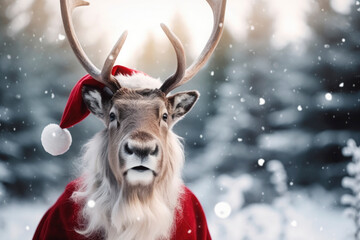 Adorable festive Reindeer in Santa Claus hat and Christmas clothes in snowy winter nature looking at camera, New year and Christmas Card. xmas time.
