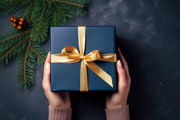 Fototapeta premium overhead view, womans hands holding a luxury gift box with gold bow against a dark blue background with christmas fir branches. Close up. New Year present.