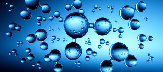 Models of water molecules floating against blue background - H2 scientific element - 3D illustration