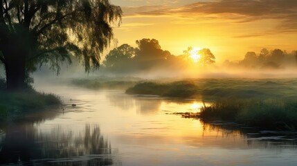 beautiful sunshine river mist landscape illustration water background, forest fog, sunrise sun beautiful sunshine river mist landscape