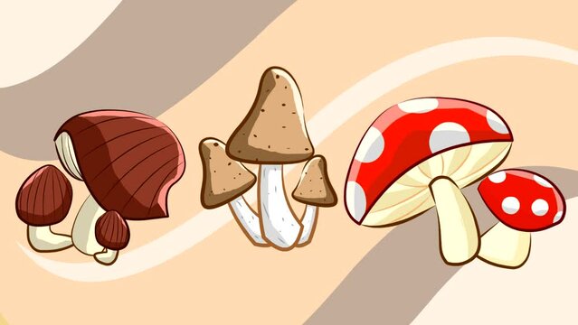 Animation with mushrooms, fast food, art.