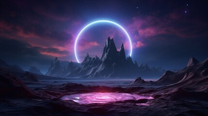  abstract neon background, mystical cosmic landscape, pink blue glowing ring over terrain, round frame, virtual reality, dark space, ultraviolet light, crystal mountains, rocks, ground