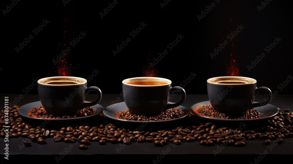 Wall mural three black cups with coffee and saucers on black background. one with coffee beans, the second with